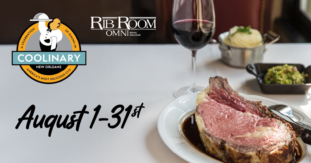A plate of prime rib, mashed potatoes, vegetables, and a glass of red wine on a table, with Coolinary and Rib Room logos and text reading "August 1-31st".