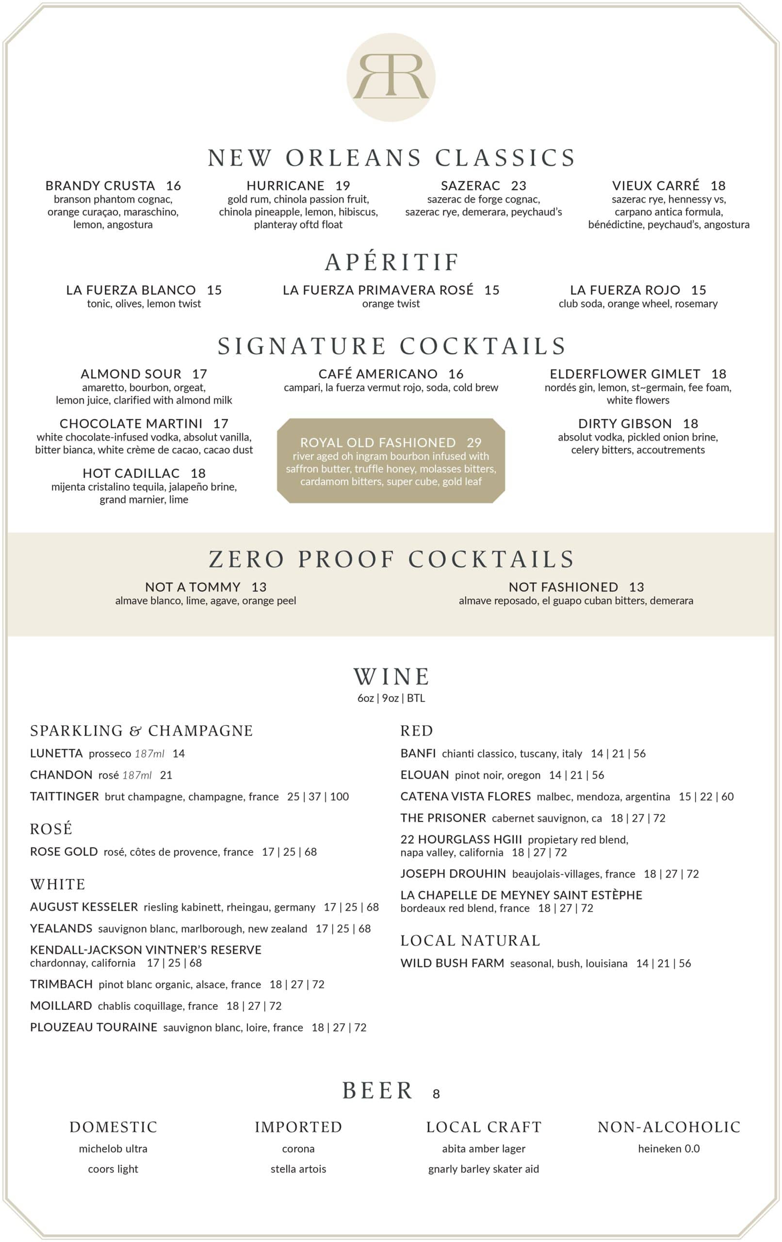 A restaurant drink menu featuring New Orleans classics, signature cocktails, zero proof cocktails, sparkling, white, and red wines, beer, and non-alcoholic options.